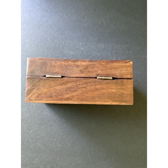Handcarved Wood Hinged Trinket Box Brass Elephant Inlay Handcrafted Boho - Picture 6 of 7